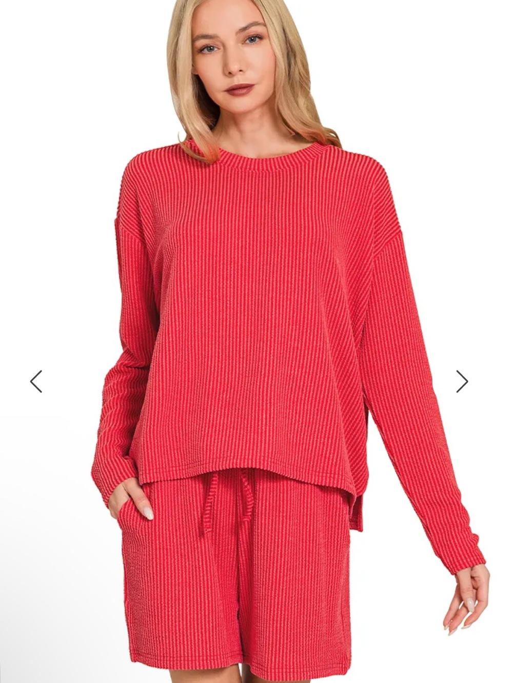Zenana Raised Rib Long Sleeve Top & Shorts Set Ruby Red